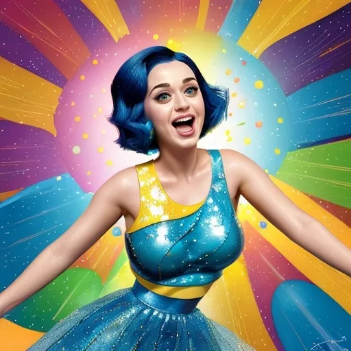 Prompt: Katy Perry as (Joy from Inside Out 2), vibrant and expressive, in a dynamic pose full of energy, surrounded by colorful bursts of emotions, (bold blues and yellows), (whimsical backdrop with dreamlike elements), bright and cheerful ambiance, high-resolution, ultra-detailed, capturing the essence of joy and happiness, playful style, (cartoonish yet realistic), evoking a sense of excitement and warmth.