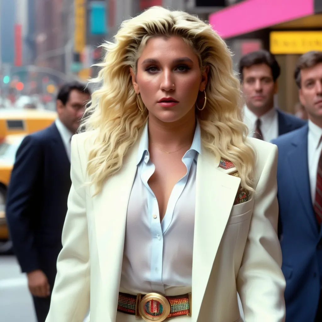 Prompt: Very accurated Kesha wearing a very accurated 1980s look as a manager in the detailed 1980s in New York 3d quality 64k Hd 