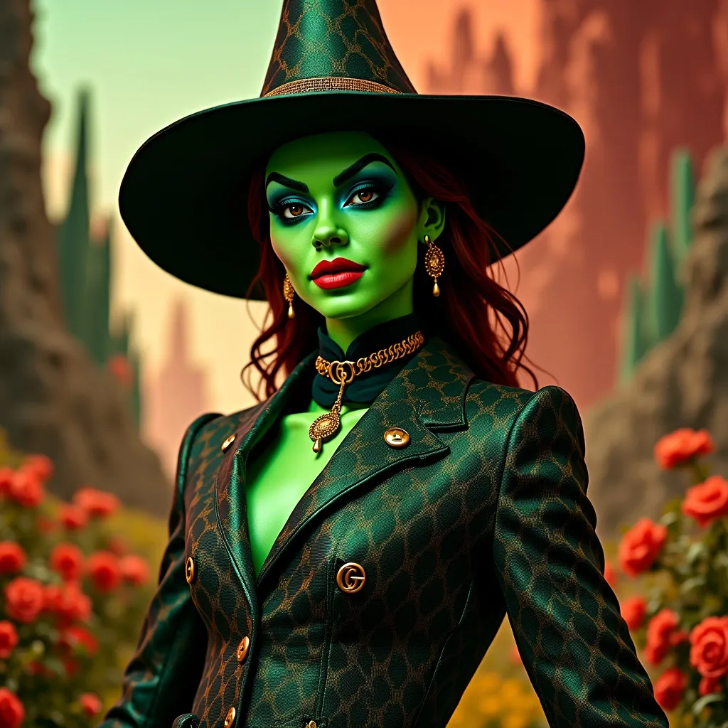 Prompt: Elphaba (the Wicked Witch of the West), wearing (Gucci attire), stylish and modern, striking pose, iconic green skin, mischievous expression, details of luxury fabrics and patterns, dramatic and vivid colors, enchanting atmosphere, high-quality fashion design, captivating background reminiscent of Oz, ultra-detailed, 4K resolution.