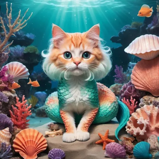 Prompt: (Ariel as a cat), whimsical design, vibrant colors, playful ambiance, enchanting underwater background, sparkling light effects, cute facial expression, fluffy fur details, vibrant tail, intricate marine-themed accessories, glittering shells and corals, soft shimmering lighting, ultra-detailed, high quality, imaginative and fantastical feel, capturing the essence of a feline mermaid blending into a playful sea adventure.