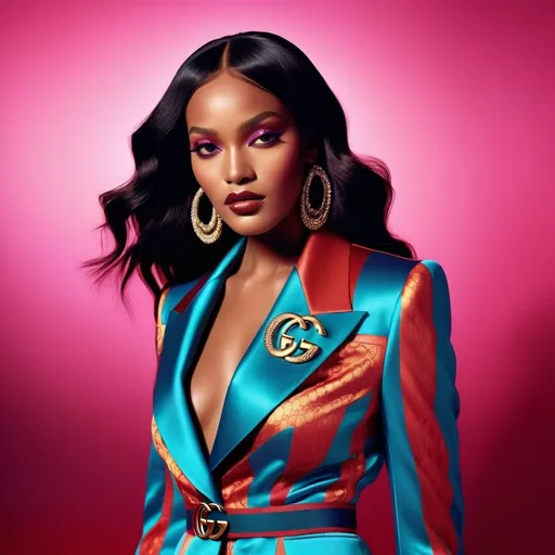 Prompt: Rihanna in Gucci, high fashion photography, vibrant and bold, dramatic lighting, highres, detailed fabric texture, luxurious, fashion icon, confident expression, glossy finish, editorial, glamorous, celebrity style, vibrant colors, professional, high-quality