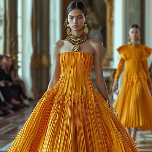 Prompt: (luxurious Louis Vuitton dress), elegant fashion design, intricate patterns, high-fashion glamour, (stylish focus), luxury couture, vibrant color palette, chic accessories, soft draping fabric, atmospheric high-end runway setting, sophisticated lighting, ultra-detailed, 4K resolution, showcasing opulence and exclusivity.