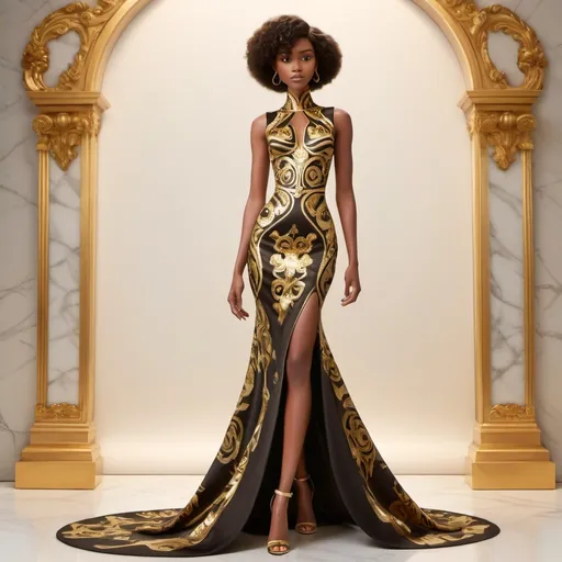 Prompt: A stunning vision of a Versace dress, illuminated by glamorous, high-contrast lighting that emphasizes its opulent gold accents and intricate patterns. The dress flows elegantly, with bold, daring cuts and a form-fitting silhouette that exudes confidence and luxury. Set against a sleek, minimalist backdrop with subtle marble textures, soft spotlighting creates a sense of drama and allure, highlighting the shimmering fabric and ornate detailing. The overall mood is decadent and sophisticated, evoking high fashion runway elegance in a cinematic, photorealistic style.