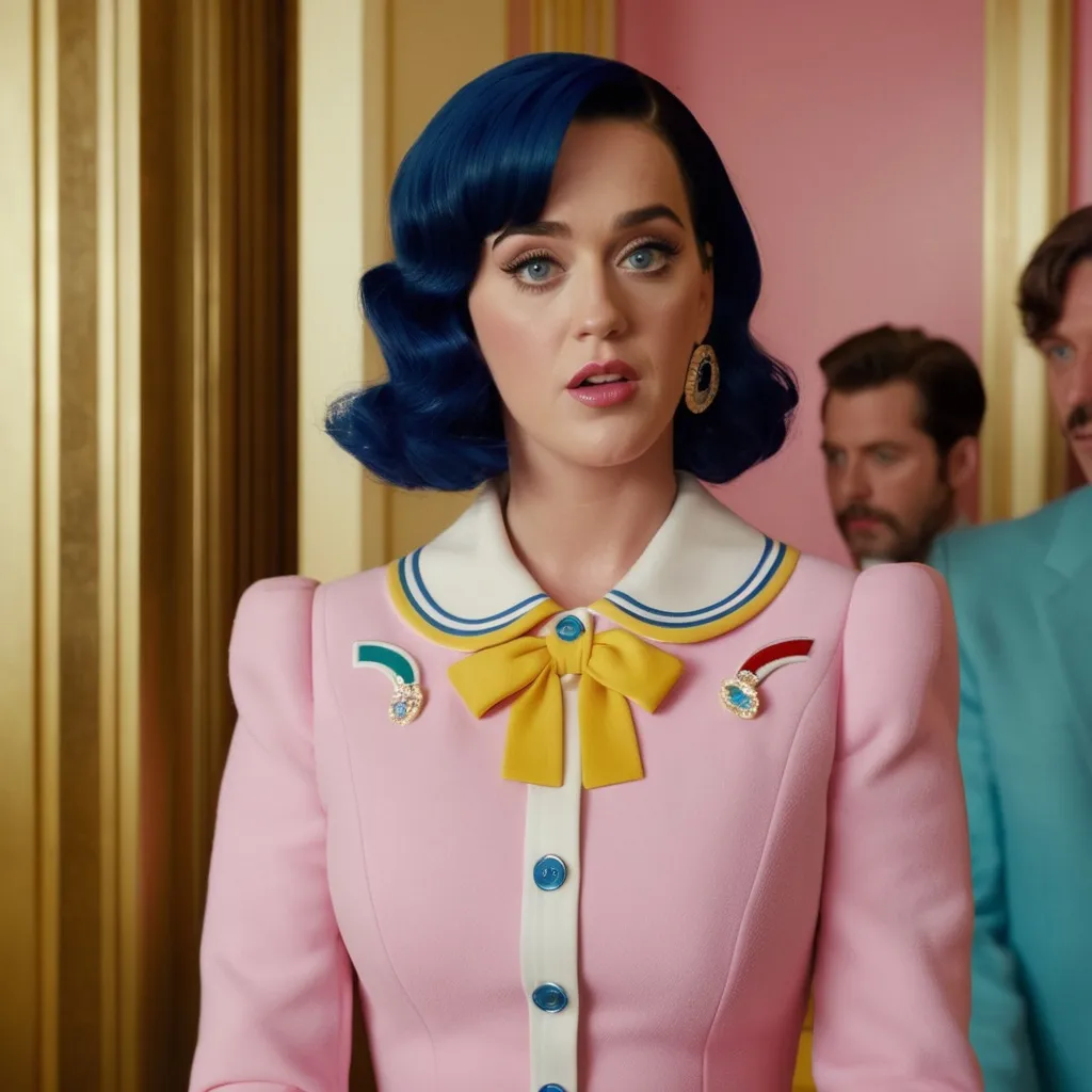 Prompt: Hyper realistic Katy Perry wearing a Miu Miu outfit in a Wes Anderson Movie 64 k ultra hd quality 