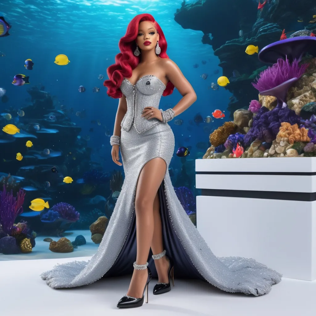 Prompt: Hyper realistic 64k 3d Ursula from The Little Mermaid as Rihanna in hyper realistic and very detailed 64 3d hd, wearing Chanel and heels outfit, very detailed Chanel dress 64k Reflex ultra hd quality and very detailed Chanel heels 64k ultra hd quality 