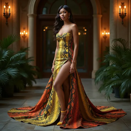 Prompt: (lively image), Lizzo in (stunning python print dress) by Roberto Cavalli, exuding confidence and charisma, (vibrant colors), (luxurious fabric texture), effortlessly positing against a chic background, capturing the essence of high fashion, atmosphere of glamour and celebration, (ultra-detailed), warm lighting that flatters the moment, showcasing bold accessories to complement the look.