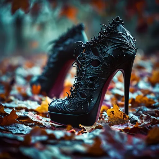 Prompt: High heels boots, (spooky season) theme, cinematic ambiance, dark and mysterious background, eerie shadows, vibrant contrasts, rich purples and blacks, autumn leaves scattered, cobwebs subtly integrated, high fashion elements, moody lighting, ultra-detailed, striking visual impact, capturing the essence of Halloween elegance, haunting allure, stylish yet unsettling atmosphere.