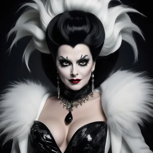 Prompt: (Creation of Elvira as Cruella), dramatic, bold contrast of black and white, extravagant and glamorous costume, sinister yet glamorous expression, long flowing hair, sharp makeup, stylish accessories, gothic elements, detailed texture, striking patterns, dark background enhancing the character, high level of detail, high quality, ultra-detailed, cinematic ambiance, vibrant and edgy visuals.