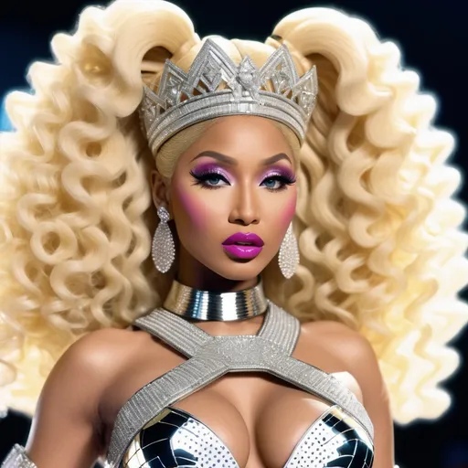 Prompt: Hyper realistic Nicki Minaj as Madonna wearing a very accurated and hyper realistic look as rave dancer in the 1990s in Madrid 3d quality 64k Hd
