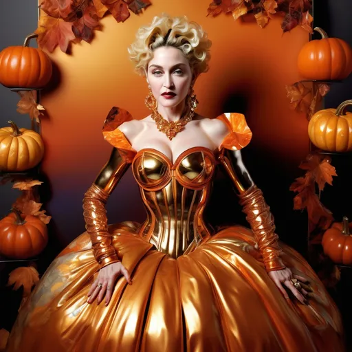 Prompt: (Madonna in a striking costume), (Rabanne metallic pumpkin dress), vivid and eye-catching colors, high-fashion glamour, elegant pose, dramatic lighting that enhances the metallic sheen, expression conveying confidence, surreal background blending autumnal elements, warm tones of orange and gold, ultra-detailed, whimsical and playful atmosphere, combining high art with contemporary fashion.