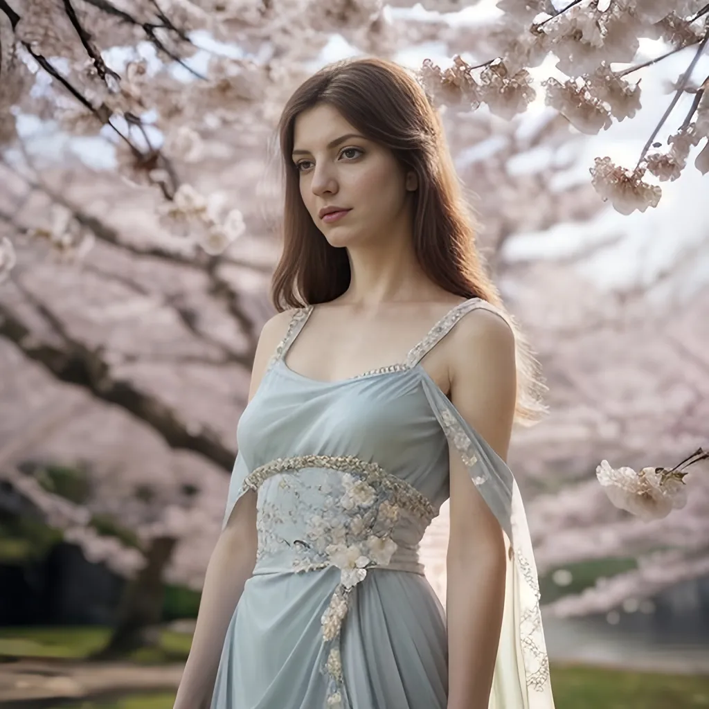 Prompt: Annalisa Scarrone, (concept character), elegant pose, expressive eyes reflecting mystery, flowing dress in soft pastel colors, serene background of blooming cherry blossoms, gentle sunlight streaming through, dreamy ambiance evoking calmness and enchantment, intricate details on fabric, high-quality 4K resolution, ultra-detailed, whimsical atmosphere capturing the essence of fantasy and wonder.