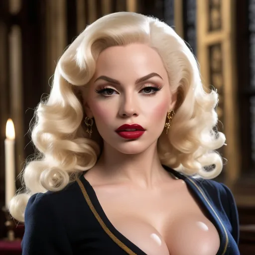 Prompt: Hyper realistic Amanda Lepore as a very detailed ultra hd 64k 3d quality Hermione Granger at Hogwarts background 