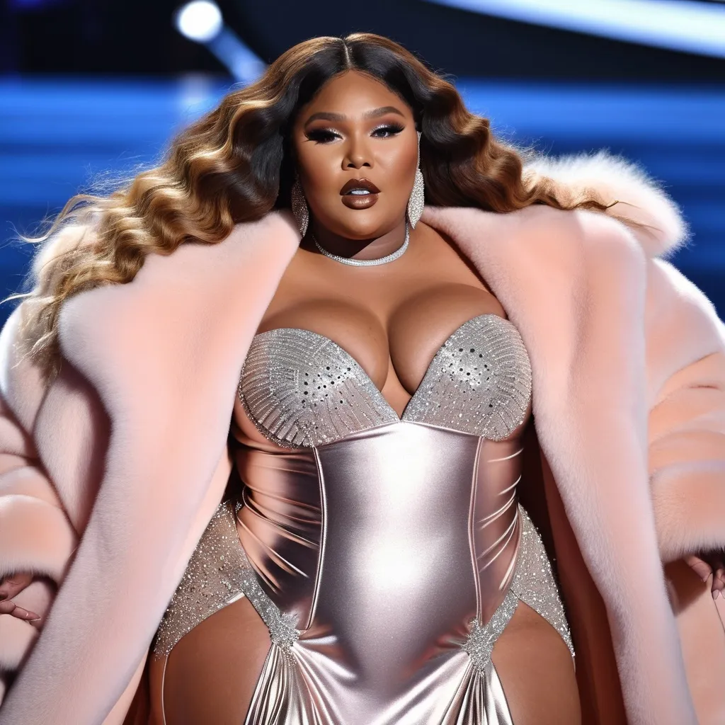 Prompt: Highly detailed image of Lizzo wearing a very glamorous and high fashionable highly detailed 64k 3D dress by Valentino in Rosa Valentino at Sanremo Festival