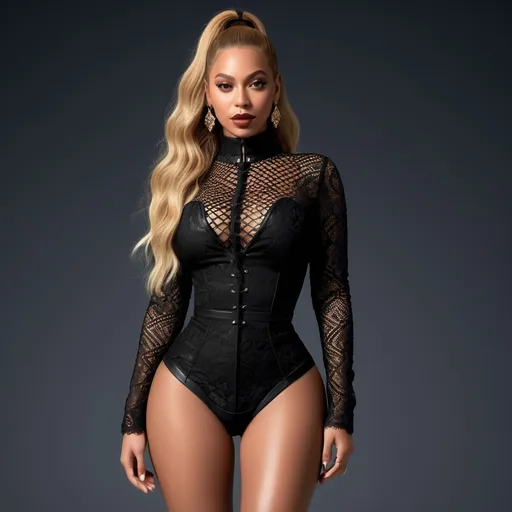 Prompt: photo of Beyoncé thiccc blonde girl. High pony tail hair. thiccc, goth lips, intricate lacey outfit. very attractive. high detail realistic. thick thighs,  full body shot, professional photo. Studio lighting, backlit, realistic lighting. hdr uhd 8k ultra-realistic render,  very high detail skin, beautiful face, Dolce&Gabbana