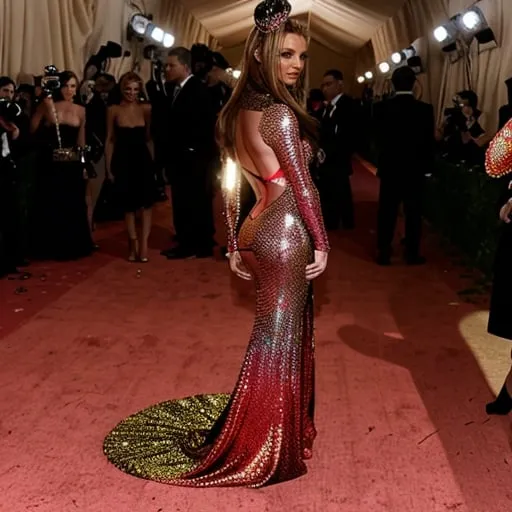 Prompt: Britney Spears at Met Gala, high fashion, iconic red carpet look, vibrant and bold, paparazzi flashes, extravagant couture gown, elegant jewelry, celebrity, glamorous atmosphere, high quality, detailed, fashion illustration, vibrant colors, dramatic lighting