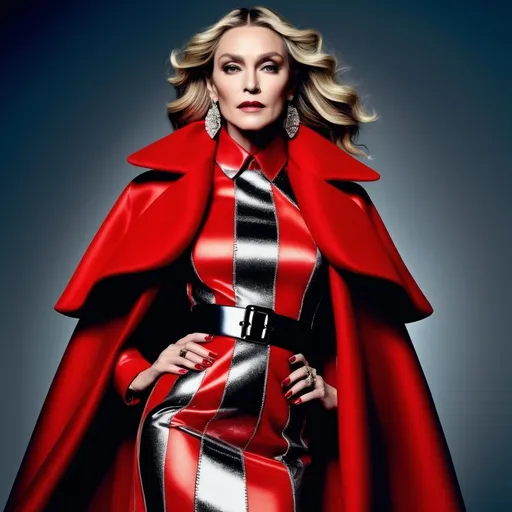 Prompt: Madonna in Valentino, high fashion photography, vibrant and bold, dramatic lighting, highres, detailed fabric texture, luxurious, fashion icon, confident expression, glossy finish, editorial, glamorous, celebrity style, vibrant colors, professional, high-quality