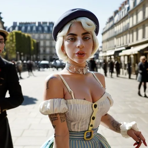 Prompt: (Lady Gaga, whimsical French girl), stylish outfit, vintage ensemble, classic beret, bright colors, chic accessories, playful demeanor, striking facial features, captivating expression, surrounded by iconic Parisian architecture, dynamic street scene, warm sunlight filtrating through, blurred background, magical ambiance, (4K, ultra-detailed), fashion photography vibe, artistic flair.