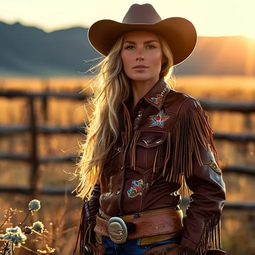 Prompt: (cowgirl look), vibrant colors, rugged western attire, denim skirt, fringed leather jacket, wide-brimmed hat, cowboy boots, playful and confident pose, sunlit prairie backdrop, wildflower details in the foreground, warm and inviting ambiance, cinematic lighting, (4K) ultra-detailed, adventurous spirit, embracing the freedom of the open range.