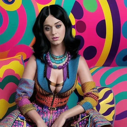 Prompt: (Katy Perry x Etro), (vibrant colors), fashion-forward, eclectic style, bold patterns, high-fashion poses, whimsical flair, luxurious fabrics, striking accessories, dynamic composition, artistic influences, modern elegance, upbeat and playful atmosphere, (HD), showcasing signature elements from both brands, inviting and lively vibes, black long hair.