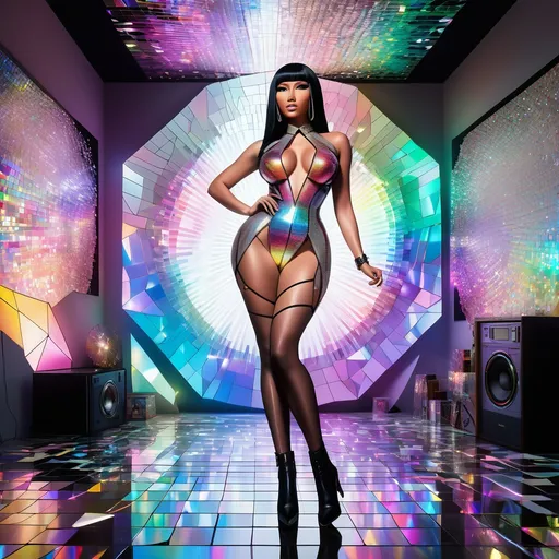 Prompt: A majestic high quality and hyper realistic Nicki Minaj, her form ingeniously crafted from a myriad of shattered CDs, standing amidst a garage sale in a prism-punk utopia. This ethereal figure, a mosaic of reflective fragments, exudes an aura of serene omnipotence. The CDs, once symbols of a technological past, now repurposed, give her a radiant, holographic appearance. The surrounding environment is a fusion of vivid colors and geometric shapes, embodying the quintessence of prism-punk aesthetics. Imagine a time-lapse effect at play, where the world around her moves in accelerated motion: people perusing the garage sale blur into swift, fluid movements while she remains a tranquil, unchanging beacon amidst the hustle. High heels boots over the knees Sunlight catches on her fragmented form, casting kaleidoscopic patterns that dance across the utopian landscape. This scene encapsulates ultimate serenity within a dynamic, ever-changing world, symbolizing the timeless grace amidst the relentless passage of time. 