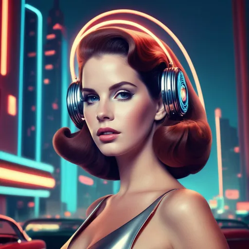 Prompt: Lana del Rey as a (50s cyborg), futuristic retro style, (sleek chrome details), elegant curves, (vibrant neon lights), reminiscent of classic sci-fi aesthetics, (warm undertones), captivating and glamorous ambiance, expressive facial features, vintage hairstyle, stylish metallic attire, detailed background featuring a mid-century modern cityscape, ultra-detailed, high quality, cinematic atmosphere.