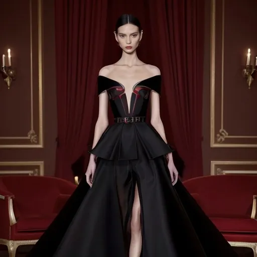 Prompt: (valentino), exquisite fashion, luxurious textures, vibrant red and black color palette, elegant silhouette, high-end atmosphere, iconic motifs and styles, exquisite detailing, glamorous lighting, sophisticated elegance, runway-inspired, ultra-detailed, chic ambiance, modern design elements, ample negative space to highlight the fashion, HD quality, captivating and aspirational mood.