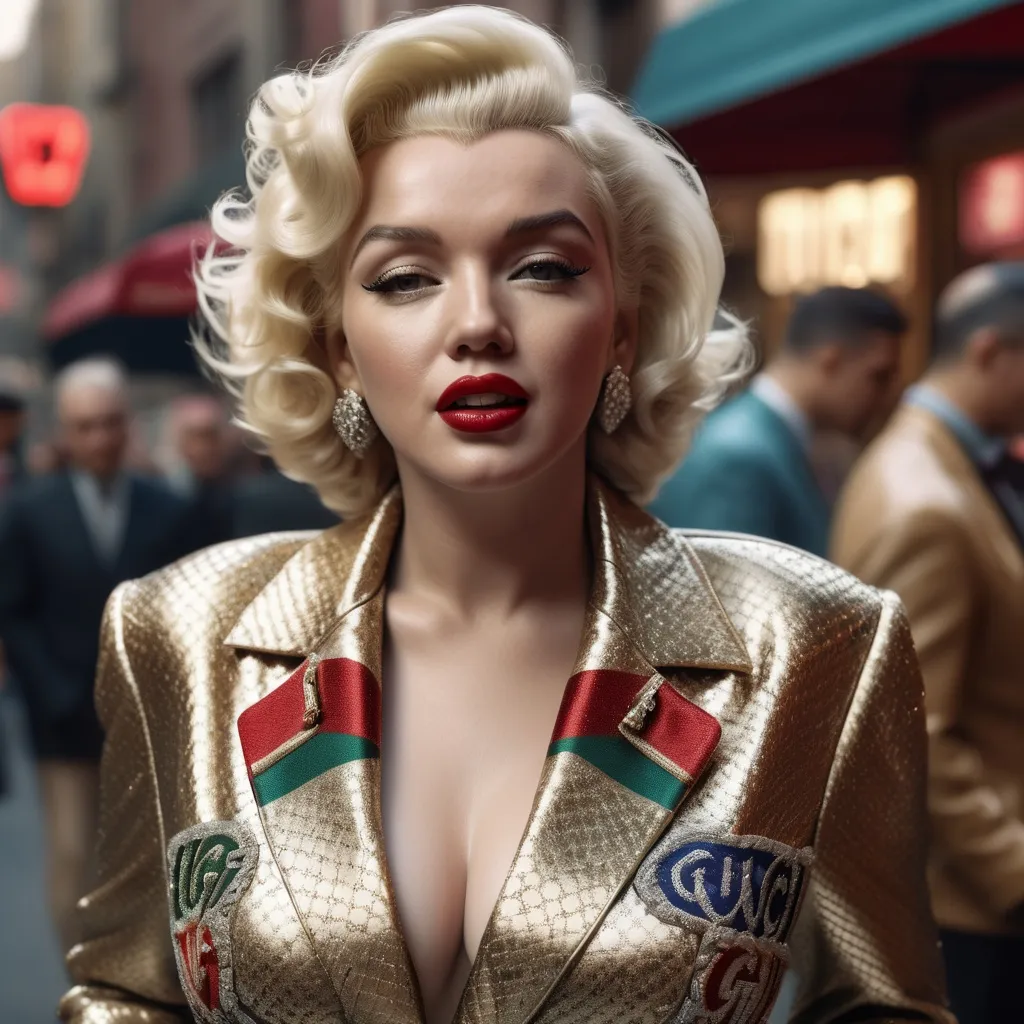 Prompt: Very detailed and hyper realistic Marilyn Monroe wearing a hyper realistic and very detailed Gucci outfit 64k, ultra hd, 3d quality  500mpx reflex 