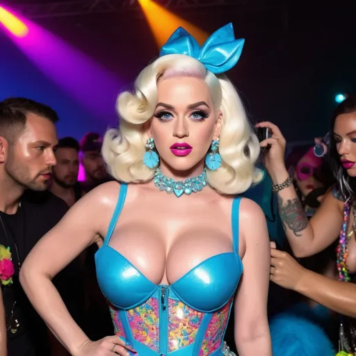 Prompt: Hyper realistic Katy Perry as Amanda Lepore ready with a rave party festival total look in Berlin ready to party 