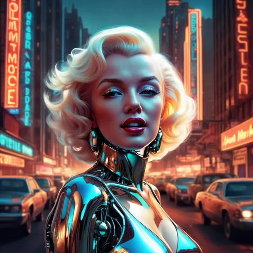 Prompt: (Marilyn Monroe as a cyborg), futuristic, sleek metallic enhancements, glowing lights integrated with classic beauty, fusion of vintage glam and modern technology, detailed robotic features, dramatic expression, captivating gaze, contrasting background of neon cityscape, warm glow from holographic ads, cinematic ambiance, ultra-detailed, high definition.