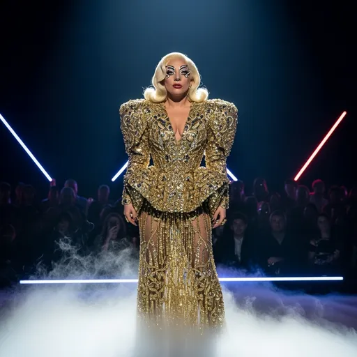 Prompt: Imagine Lady Gaga standing on a dimly lit stage, the spotlight casting a shimmering gold hue over her couture outfit, adorned with intricate sequins that catch the light with every movement. Her expressive eyes are framed by bold, avant-garde makeup that draws the viewer in, while her hair cascades in dramatic waves, reflecting an ethereal glow. The audience, shadowy in the background, is captivated by her magnetic presence. Wisps of fog curl around her feet, adding a mystical quality to the atmosphere, while neon lights pulse in rhythmic patterns, echoing the energy of the music. This scene would be beautifully rendered in a cinematic lighting style, enhancing the dramatic essence of performance art.