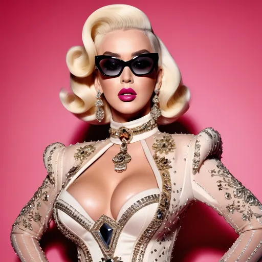 Prompt: Highly detailed image of Katy Perry as Kim Kardashian as Amanda Lepore wearing a very glamorous and high fashionable highly detailed 64k 3D dress by Gucci