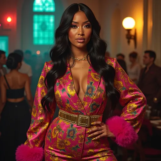 Prompt: (Nicki Minaj in Pucci), (iconic pose), vibrant colors, striking patterns, elegant outfit, bold accessories, glamorous makeup, lively atmosphere, studio lighting, high fashion setting, rich textures, dramatic expressions, ultra-detailed, 4K resolution, full body shot, capturing personality and style, energetic ambiance, showcasing couture elegance.