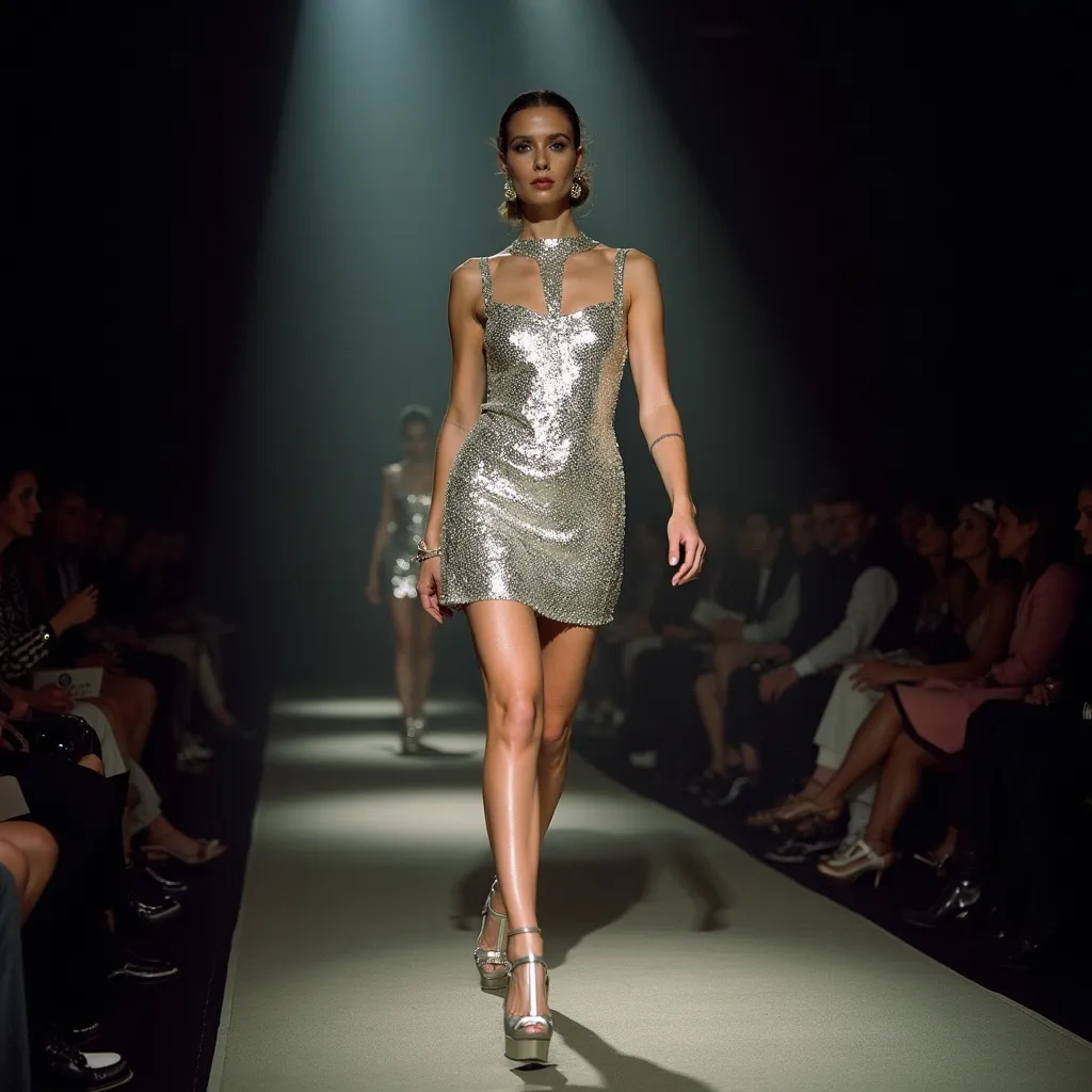 Prompt: 1968 Paco Rabanne metallic mini dress, vintage fashion statement, shimmering silver materials, intricate details and patterns, elegant silhouette, high fashion runway style, dramatic lighting, retro ambiance, captivating texture, luxurious atmosphere, high quality, ultra-detailed, reflecting a timeless design with modern appeal, capturing the essence of the era's glamour.