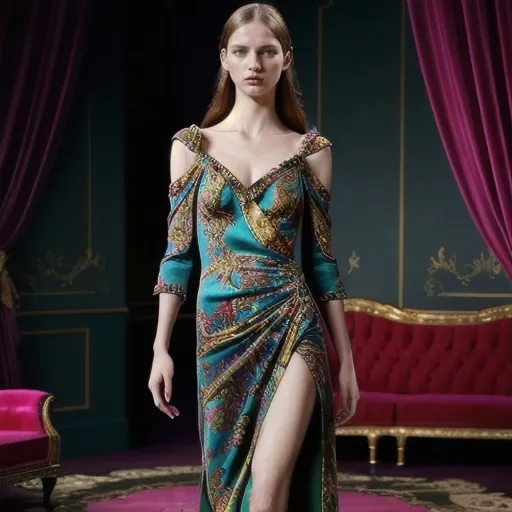 Prompt: (Gucci silk dress), luxurious fabric, vibrant colors, elegant design, flowing drape, high fashion, intricate patterns, stunning detail, soft texture, ethereal ambiance, high-resolution, ultra-detailed, model showcasing elegance, dynamic pose, well-lit environment, moody background, fashion-forward aesthetic, couture masterpiece.