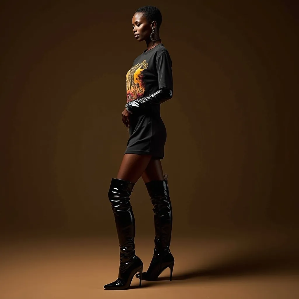 Prompt: (Alek Wek wearing Saint Laurent high heels over-the-knee boots), striking pose, showcasing her unique style, elegant and confident demeanor, (high-fashion), (glamorous), dramatic lighting, (high contrast), richly detailed textures of the boots, sophisticated background setting, warm tones, 4K ultra-detailed image, conveying modern fashion aesthetics, capturing elegance and strength, wearing a long vintage t-shirt with vintage prints as a mini dress 