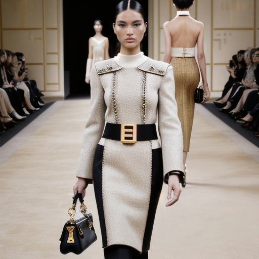 Prompt: (Fendi look), luxurious fashion, elegant design, chic patterns, high-end clothing, signature logos, modern style, refined aesthetics, glamorous accessories, sophisticated vibe, fashion-forward ambiance, detailed textures, runway-inspired, warm and inviting color palette, impeccable craftsmanship, (ultra-detailed), (4K).