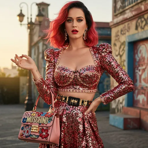 Prompt: Visualize Katy Perry standing confidently in a stunning Moschino ensemble, the fabric shimmering under soft, golden hour light. The backdrop features a whimsical urban setting, adorned with vibrant street art that reflects her bold and playful personality. A warm breeze tousles her hair, which catches the sunlight, creating a halo effect around her. She strikes a dynamic pose, her expression a blend of intrigue and allure, as she playfully interacts with a colorful embroidered Moschino handbag, its whimsical design echoing the lively atmosphere. Delicate shadows dance around her, enhancing the scene with a touch of glamour. This vivid, fashion-forward moment is captured in a stylish, editorial illustration with cinematic lighting, exuding a sense of modern artistry and celebration.