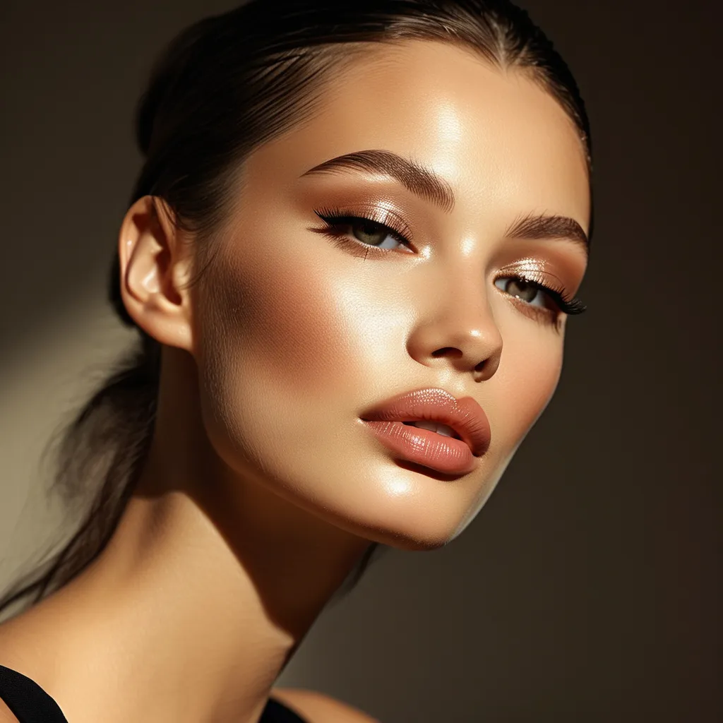 Prompt: (Armani Beauty full face makeup), luxurious and glamorous makeup style, (high fashion), soft and radiant skin tones, expertly blended colors, mesmerizing eye makeup with elegant lashes, sophisticated lip color, ambient lighting creating a chic atmosphere, clean background enhancing the focus on the makeup, (4K) ultra-detailed image showcasing elegant aesthetics and textures.