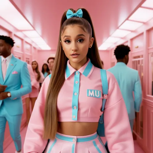 Prompt: Hyper realistic Ariana Grande wearing a Miu Miu outfit in a Wes Anderson Movie ultra hd 64k quality 3d
