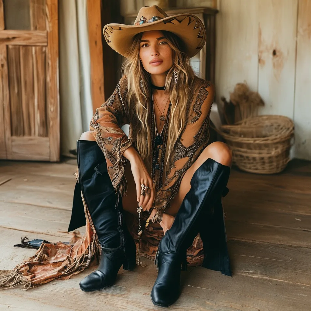 Prompt: Boho chic minidress with black high leg suede boots