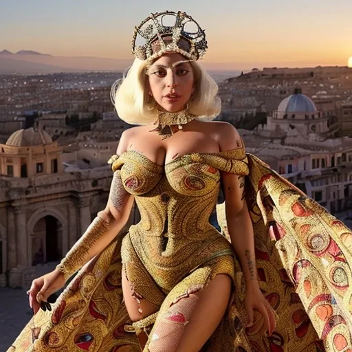 Prompt: (Lady Gaga as a stylish Sicilian woman), vibrant fashion, expressive pose, dramatic makeup with bold colors, intricate patterns in attire, radiant smile, rich cultural background with historical architecture, (warm Mediterranean sunset), detailed textures and fabrics, high-energy atmosphere, ultra-detailed, striking contrast between light and shadow, captivating ambiance that blends modern glamour with traditional Sicilian charm.