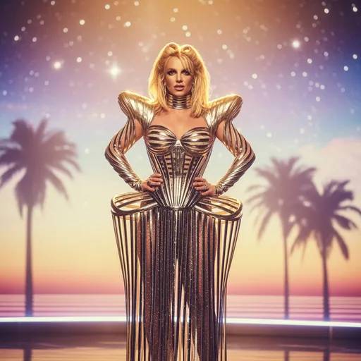 Prompt: Visualize a stunning scene where Britney Spears stands confidently, enveloped in a dramatic haute couture Schiaparelli sculpture metal corset long dress that glimmers under soft, golden ambient lighting. The dress, an embodiment of 90s nostalgia, features intricate metallic elements that reflect her iconic pop persona, with bold lines and avant-garde shapes that echo her vibrant energy. The background is a dreamy blur of pastel colors, reminiscent of a retro music video set, with faint silhouettes of palm trees and starry skies. Britney's expression is a perfect mix of fierce determination and playful nostalgia, as she strikes a dynamic pose, her hair styled in iconic 90s waves. The entire composition feels like a glamorous throwback, captured in a cinematic lighting style that enhances the elegance and drama of the moment.