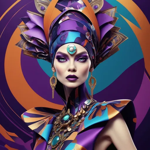 Prompt: Yzma (reimagined), fashion illustration, (futuristic design), (dramatic textiles), avant-garde style, bold colors, metallic accents, high-fashion, intricate details, dynamic pose, luxurious backdrop, (eclectic patterns), stylish accessories, vibrant energy, captivating atmosphere, (4K), ultra-detailed, whimsical flair combining beauty and eccentricity.