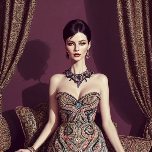 Prompt: (central content Elvira in Etro dress), elegant fashion illustration, stunning details and textures, whimsical atmosphere, bold colors and patterns, dramatic lighting, soft shadows, an artful representation, high fashion, modern yet vintage feel, sophisticated elegance, ultra-detailed, expressive pose, glamorous accessories, high-quality illustration.