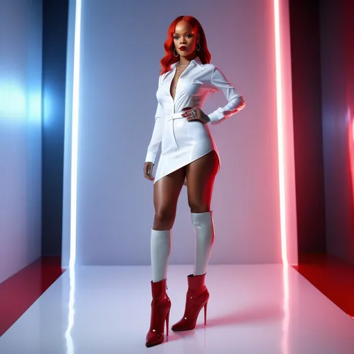 Prompt: hyper-realistic Rihanna, (wearing a white men’s shirt as a dress), (high over-the-knees red latex high heel boots), futuristic studio set, (vibrant lighting), (sleek backdrop), (high contrast), elegant pose, showcasing modern fashion, ultra-detailed textures, cinematic ambiance, evoking confidence and style, 4K quality, striking visual impact.