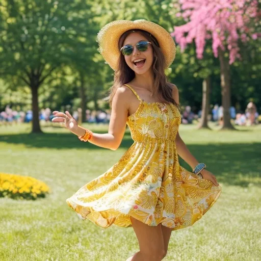 Prompt: (Cheerful girl in a summer outfit), vibrant colors, warm sunlight, flowing hair catching the breeze, wearing a trendy sundress, accessorized with a wide-brimmed hat and sunglasses, standing in a sunny park, surrounded by colorful flowers and green grass, joyful expression, (HD, ultra-detailed), evoking a feeling of freedom and warmth, perfect summer day ambiance.