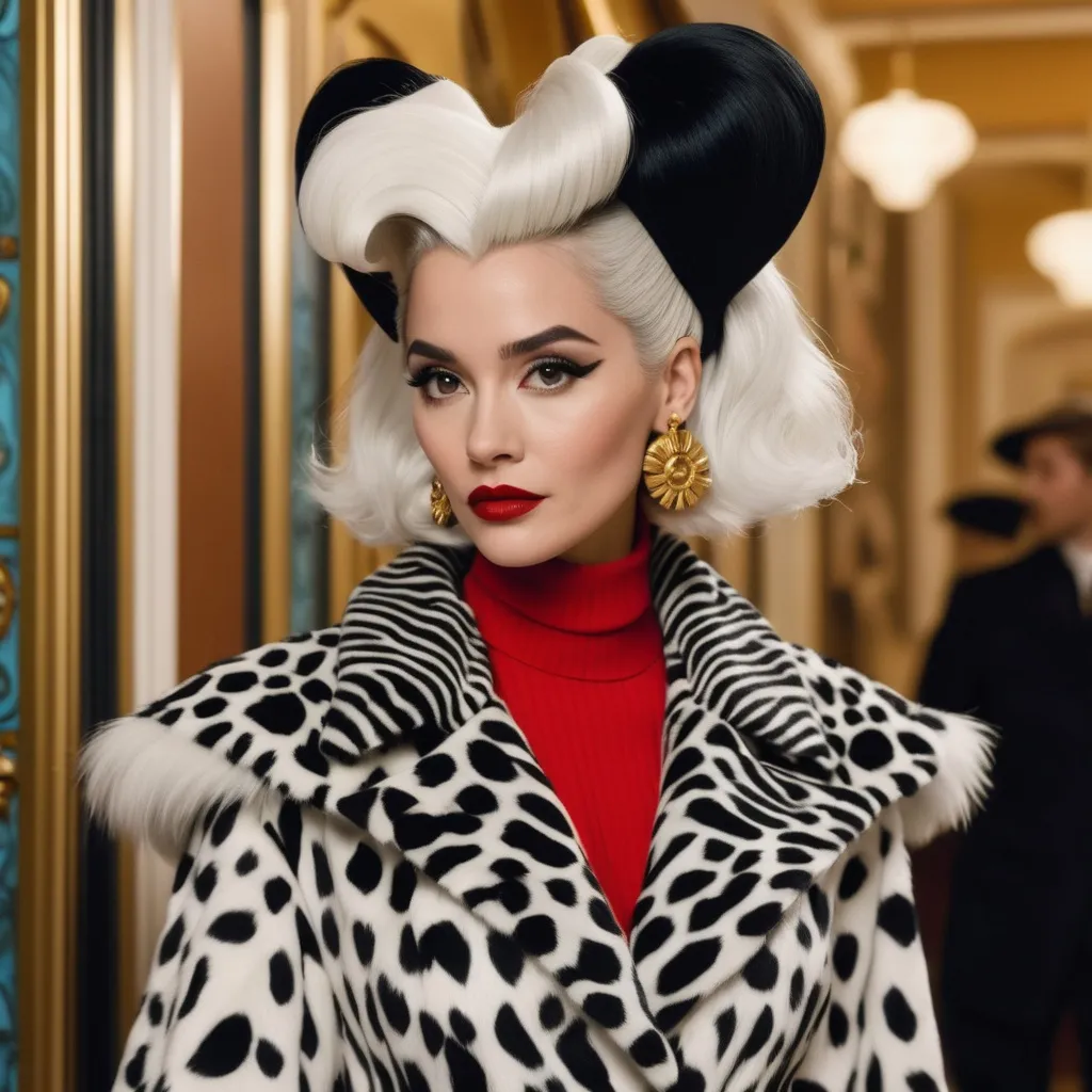 Prompt: Hyper realistic Cruella wearing a very detailed Versace Outfit in a Wes Anderson Movie avoiding pink