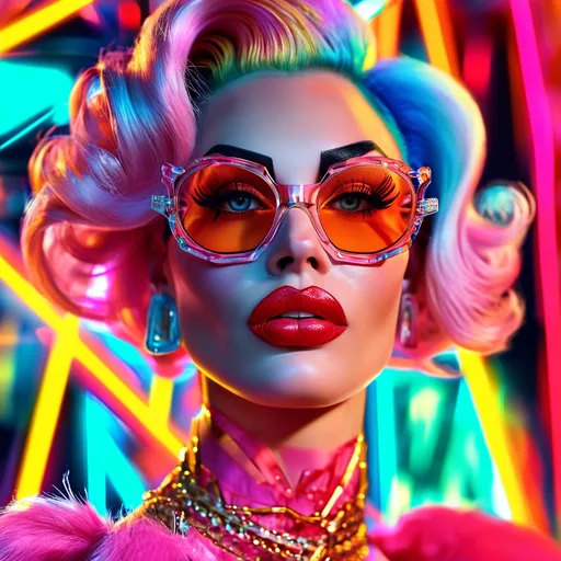 Prompt: (Amanda Lepore), colorful pop culture icon, glamorous and bold representation, striking facial features, classic pin-up style outfit, vibrant makeup, captivating pose, dynamic background with neon lights and urban elements, high-contrast lighting, cheerful and extravagant ambiance, 4K ultra-detailed finish, expression full of confidence and allure.