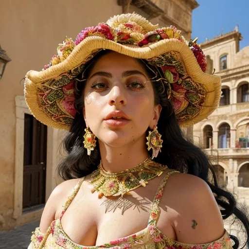 Prompt: Lady Gaga as a (Sicilian woman), traditional Sicilian attire, floral patterns, vibrant colors, intricate details, expressive facial features, versatile pose, rich cultural elements, sun-drenched Mediterranean background, (dynamic ambiance), warm lighting, (highly detailed), capturing the essence of Sicilian heritage, a blend of modern and traditional aesthetics.