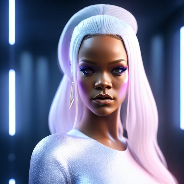 Prompt: Dressed like a very realistic Rihanna Robotic Pleiadian Nordic blonde from the Galactic Federation of Light,  high resolution, 3D render, style of cyberpunk 